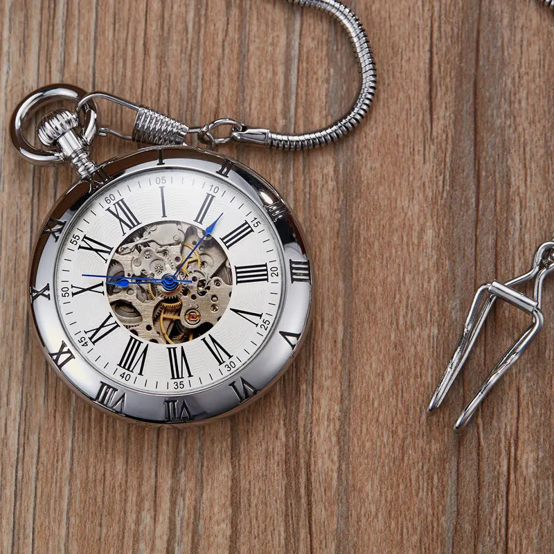 Luxury Copper Silver Automatic Mechanical Pocket Watch Clock Fob Chain Watch Men Roman Numbers Clock High Quality Pocket watches