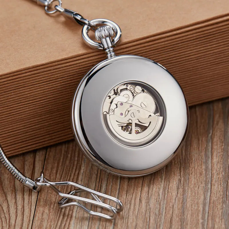 Luxury Copper Silver Automatic Mechanical Pocket Watch Clock Fob Chain Watch Men Roman Numbers Clock High Quality Pocket watches