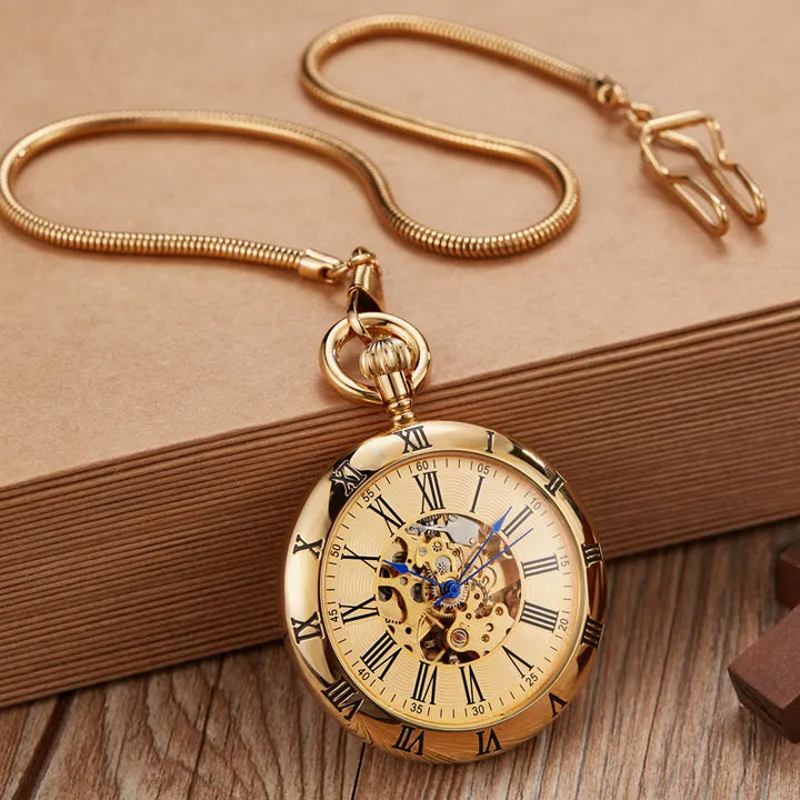 Luxury Copper Silver Automatic Mechanical Pocket Watch Clock Fob Chain Watch Men Roman Numbers Clock High Quality Pocket watches