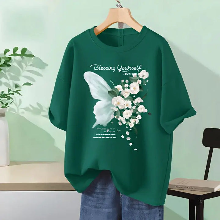 Women Chic Butterfly Printed T-shirt Summer Pure Cotton O-neck Short Sleeve Tops Tess Loose Casual Basics Pullovers