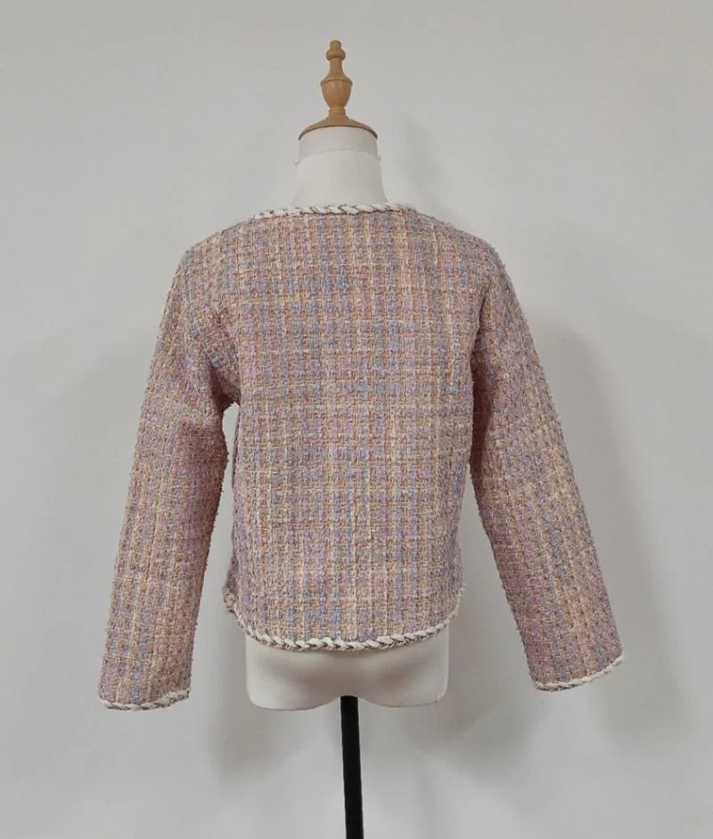 Fragrance Petal Pink Tweed Coat Women Temperament Fashion Round Neck Slim Sweet Plaid Single Breasted  Autumn Ladies Short Top