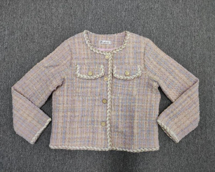 Fragrance Petal Pink Tweed Coat Women Temperament Fashion Round Neck Slim Sweet Plaid Single Breasted  Autumn Ladies Short Top