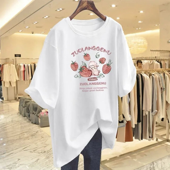 Women's Lovely Chic Strawberry Pure Cotton Short Sleeved Tshirt 2024 Summer New Casual Loose Bow Knot O-Neck Tees Lady Basic Top