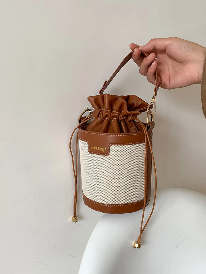 Women Shoulder Bags Cylinder PU Leather Bucket Crossbody Bag Casual Drawstring Handbags Purse for Travel Shopping