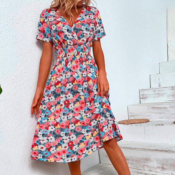 Summer Dresses For Women Floral Print Dress V Neck Short Sleeved Sexy Elegant Dress A Line Beach Long Robe Slim Waist Dresses