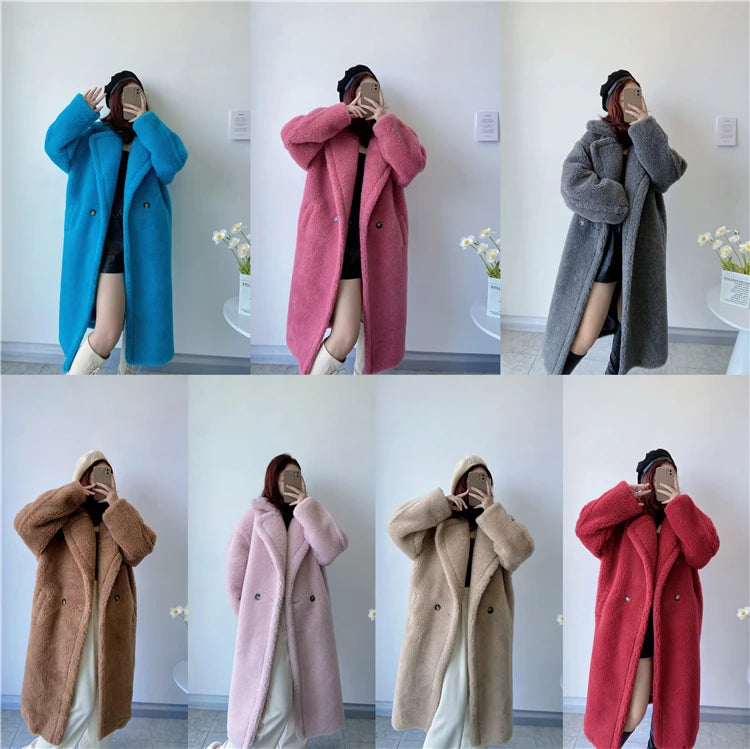 Winter Jacket Women Long Coat  Wool Woven Fabric Thick Warm Outerwear Oversize Fashion Streetwear Teddy Bear Coats