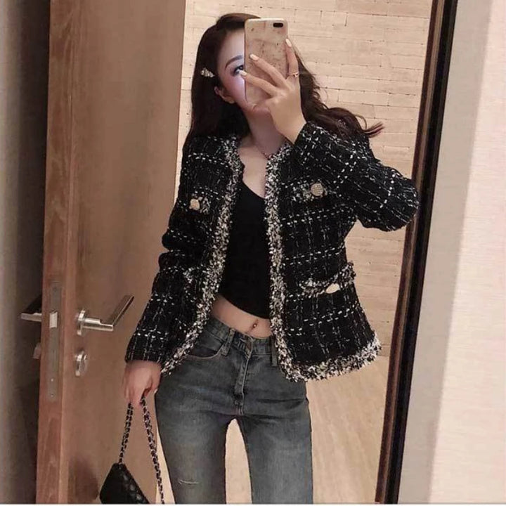 Women Tweed Jacket Short Tops Korean Chic Coat Office Lady Jacket Luxury Brand Women Clothing Long Sleeve Buttons Plaid Black