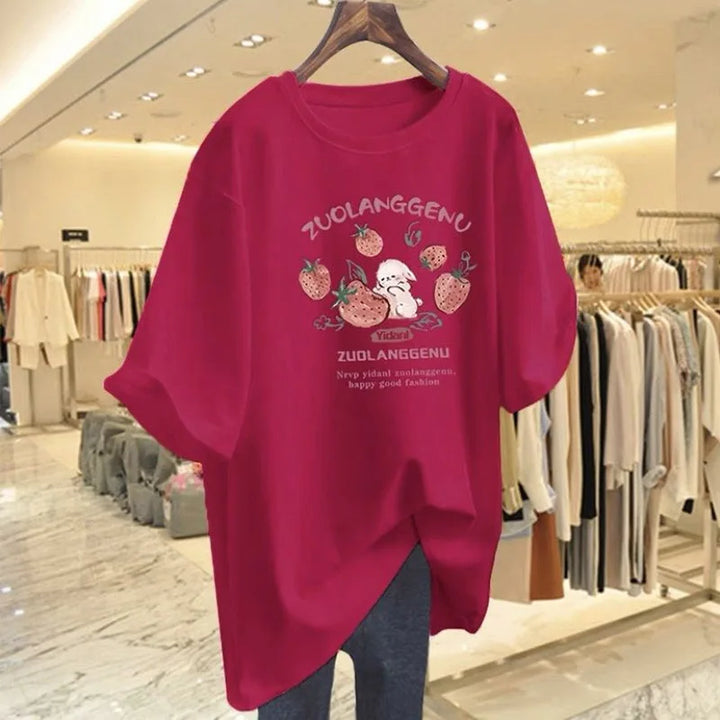 Women's Lovely Chic Strawberry Pure Cotton Short Sleeved Tshirt 2024 Summer New Casual Loose Bow Knot O-Neck Tees Lady Basic Top