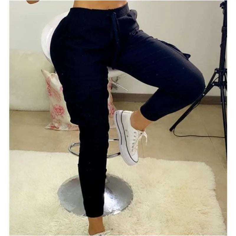 Women's Fashion Pocket Lace Up Design Cargo Pants Female Casual Clothing New Autumn Woman Casual Slim Trousers