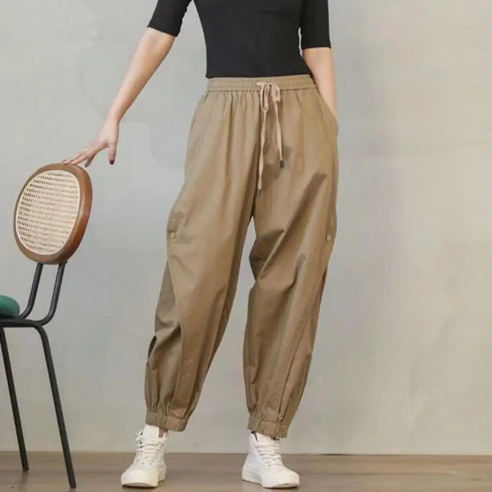 Lady Harem Pants Loose Drawstring Pockets Streetwear Deep Crotch Ankle Banded Aesthetic Lady Cargo Trousers Women Clothing