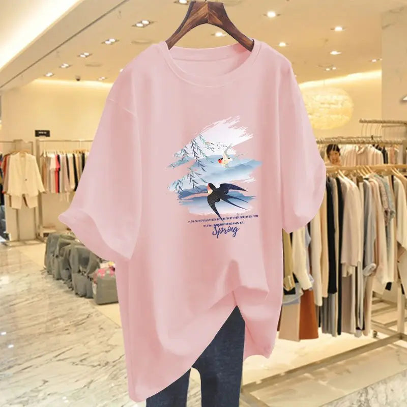 Women's Loose Cotton T-shirt 2024 Summer New Swallow Printed Short Sleeve Large Tops Lady Fashion Basic Round Neck Casual Tees