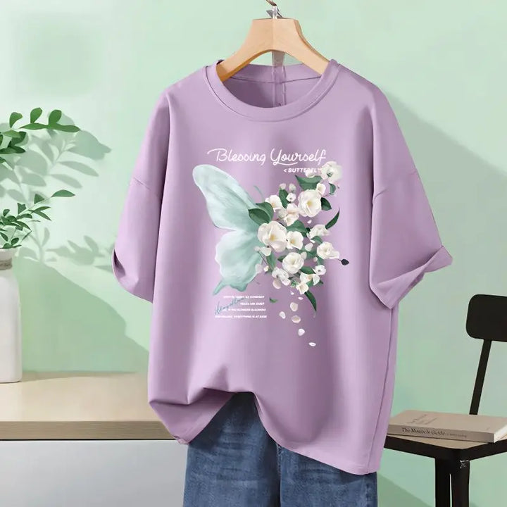 Women Chic Butterfly Printed T-shirt Summer Pure Cotton O-neck Short Sleeve Tops Tess Loose Casual Basics Pullovers