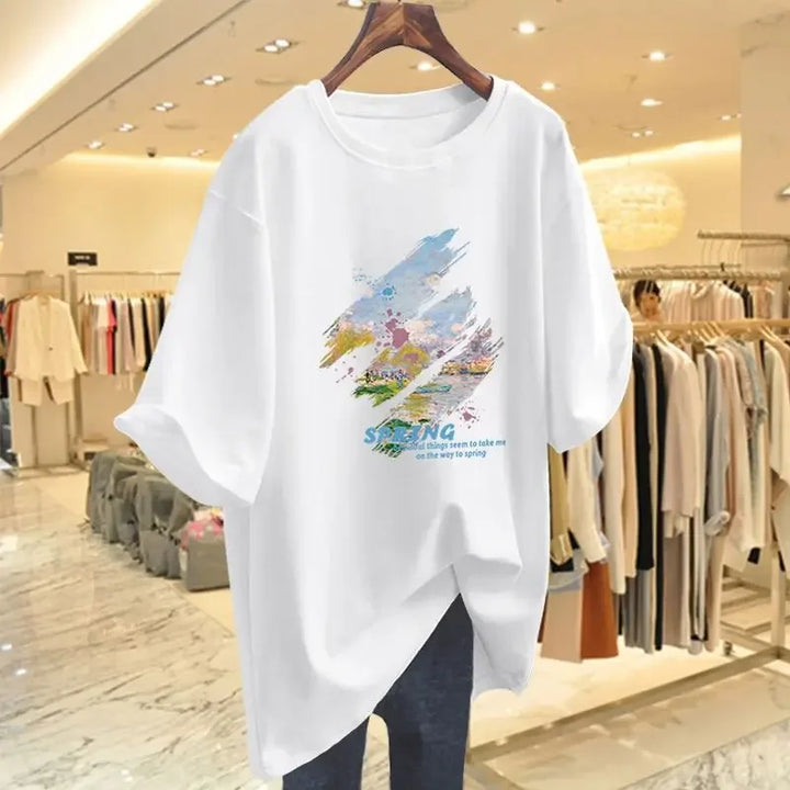 Women Clothing All Cotton Printed T-shirt Summer Short Sleeve Basic Tees Female Casual Simple Fashion Pullovers AD-12