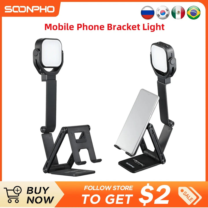 Soonpho D2 Selfie Live Video Light Mobile Phone Bracket with Led Light Portable Folding LED Phone Fill Light for TikTok Vlog