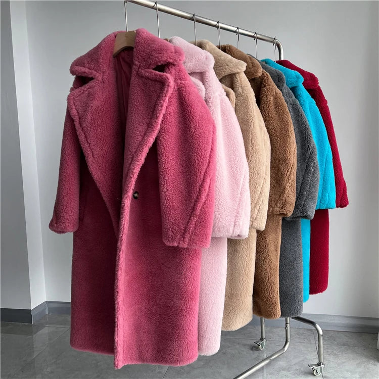 Winter Jacket Women Long Coat  Wool Woven Fabric Thick Warm Outerwear Oversize Fashion Streetwear Teddy Bear Coats