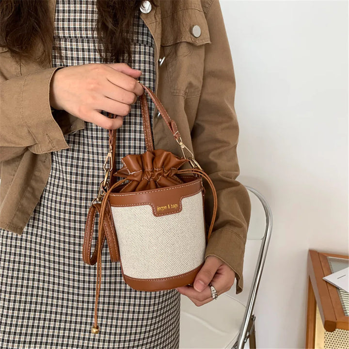 Fashion Women Shoulder Bags Bucket Bag Ladies PU Leather Cylinder Crossbody Bag Retro Drawstring Handbags for Travel Shopping