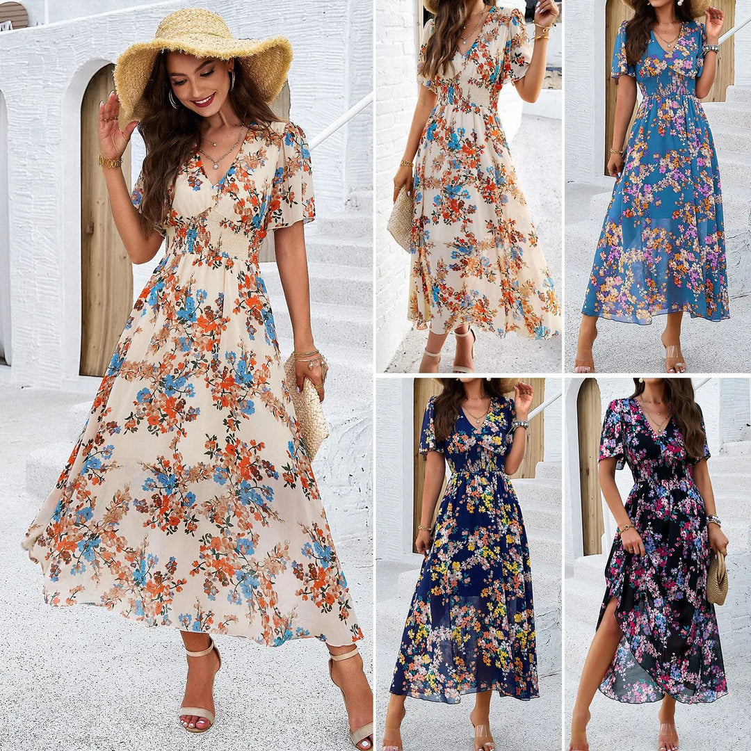 High Quality Women's Clothing 2024 Temperament Printed Waist Collection Short Sleeved Dress Summer Bodycon Dress Vestido Elegant