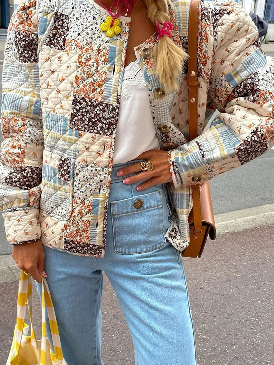 Women Fall Quilted Jacket Lightweight Floral Print Casual Long Sleeve Button Cardigan for Outwear Streetwear