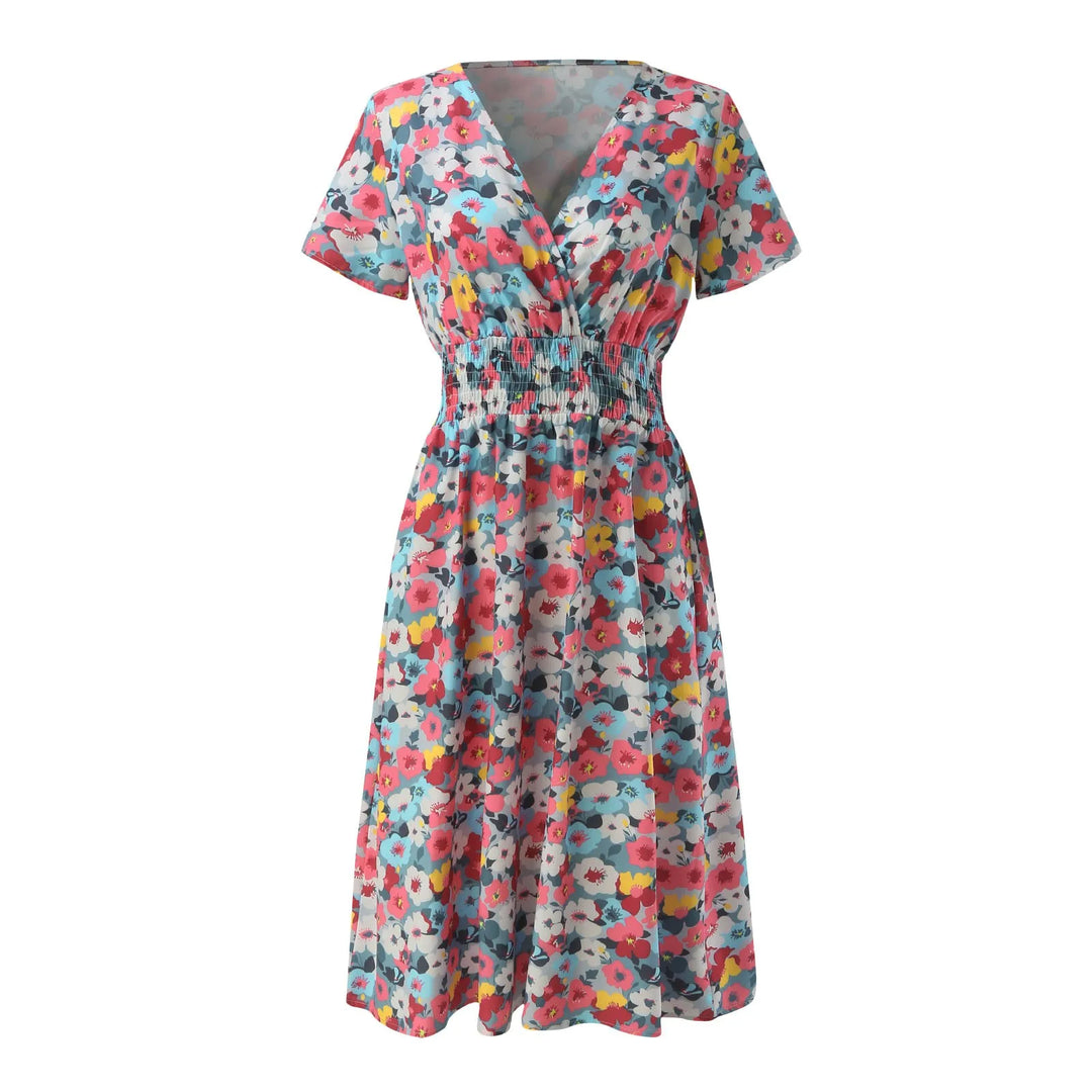 Summer Dresses For Women Floral Print Dress V Neck Short Sleeved Sexy Elegant Dress A Line Beach Long Robe Slim Waist Dresses