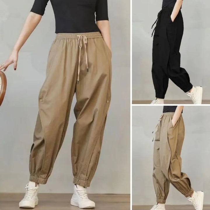 Lady Harem Pants Loose Drawstring Pockets Streetwear Deep Crotch Ankle Banded Aesthetic Lady Cargo Trousers Women Clothing