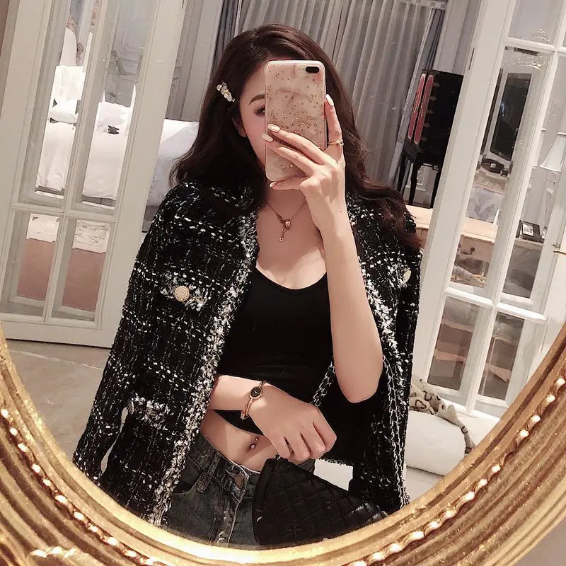 Women Tweed Jacket Short Tops Korean Chic Coat Office Lady Jacket Luxury Brand Women Clothing Long Sleeve Buttons Plaid Black