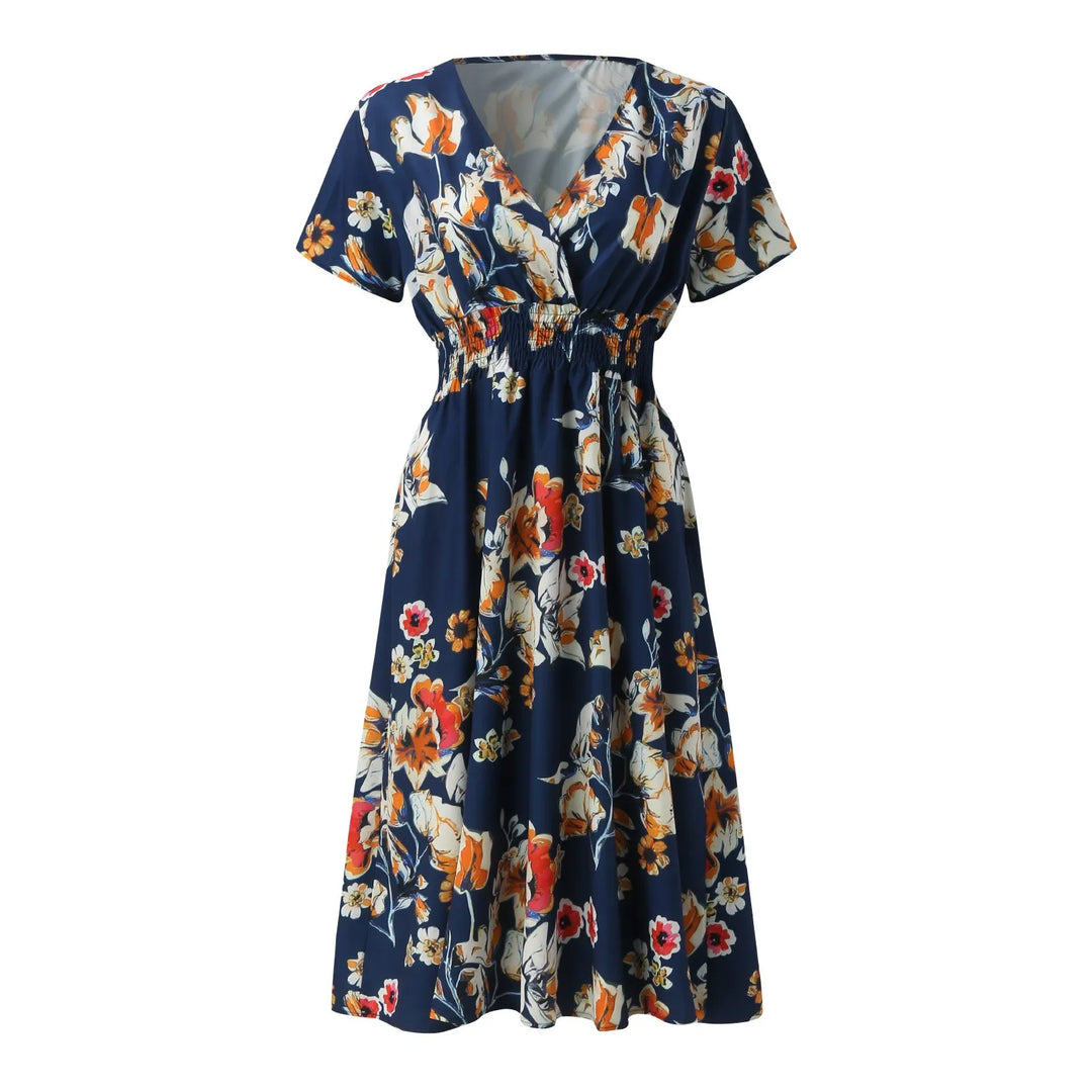 Summer Dresses For Women Floral Print Dress V Neck Short Sleeved Sexy Elegant Dress A Line Beach Long Robe Slim Waist Dresses