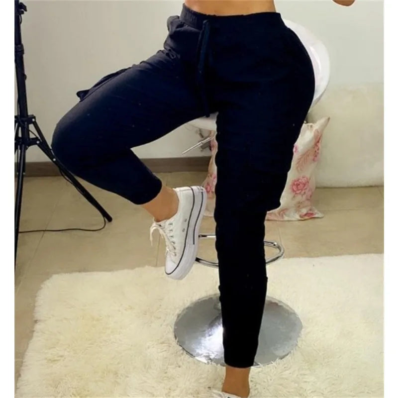 Women's Fashion Pocket Lace Up Design Cargo Pants Female Casual Clothing New Autumn Woman Casual Slim Trousers