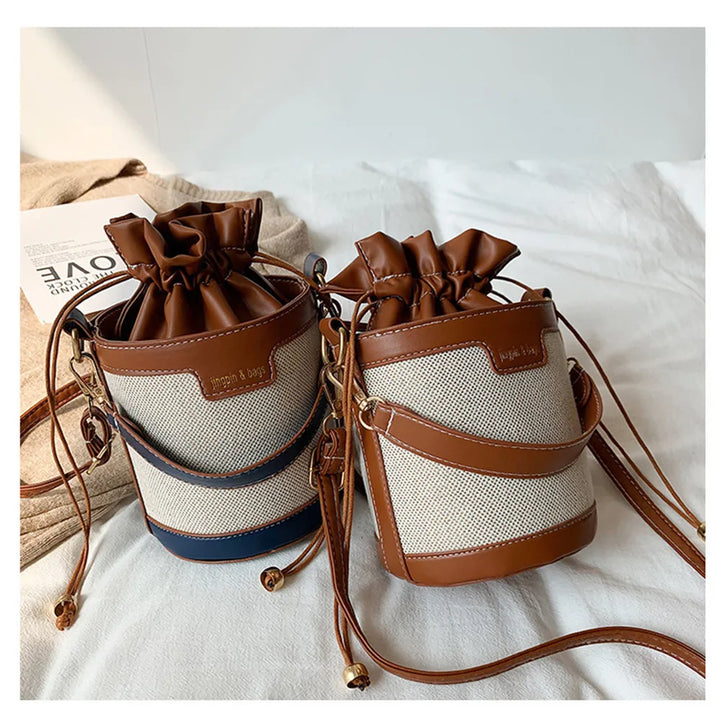 Fashion Women Shoulder Bags Bucket Bag Ladies PU Leather Cylinder Crossbody Bag Retro Drawstring Handbags for Travel Shopping