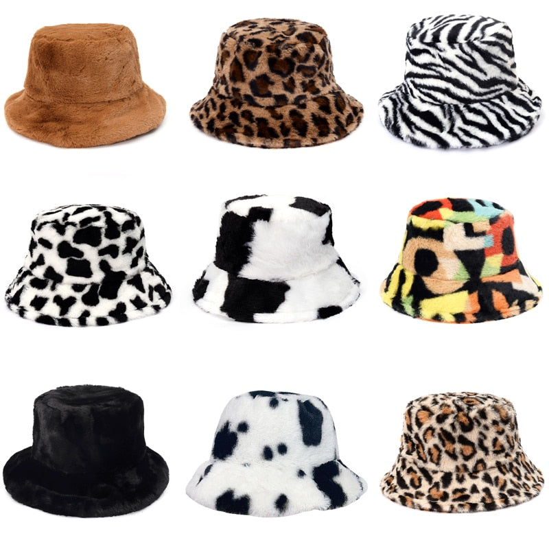 Winter Cow Leopard Faux Fur Fluffy Bucket Hats